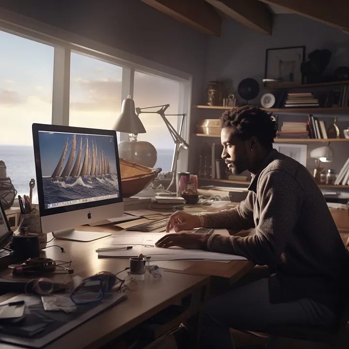 Black male sitting at a desk with a computer, staring out a large window looking at the ocean.