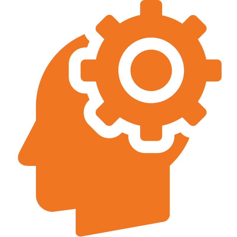 Orange head icon with a gear for a brain.